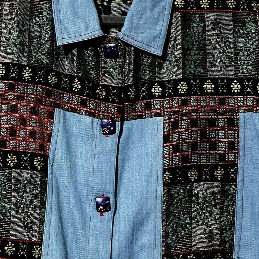 Vintage Alex Kim Denim Shirt Size M With Patterned Panels & Stone Buttons - Picture 2 of 7